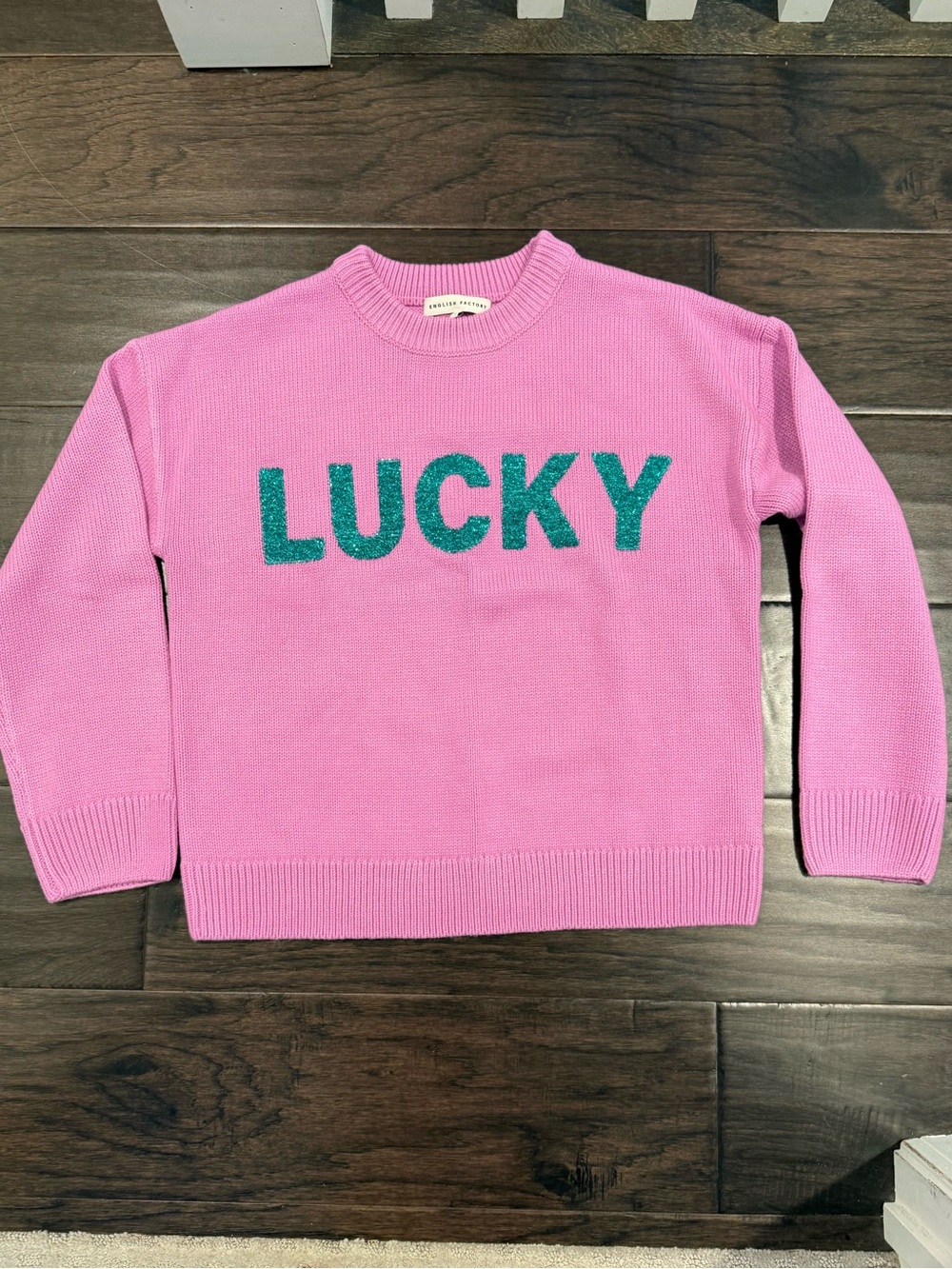 English Factory Pink Knit Crewneck Sweater with Teal Accents